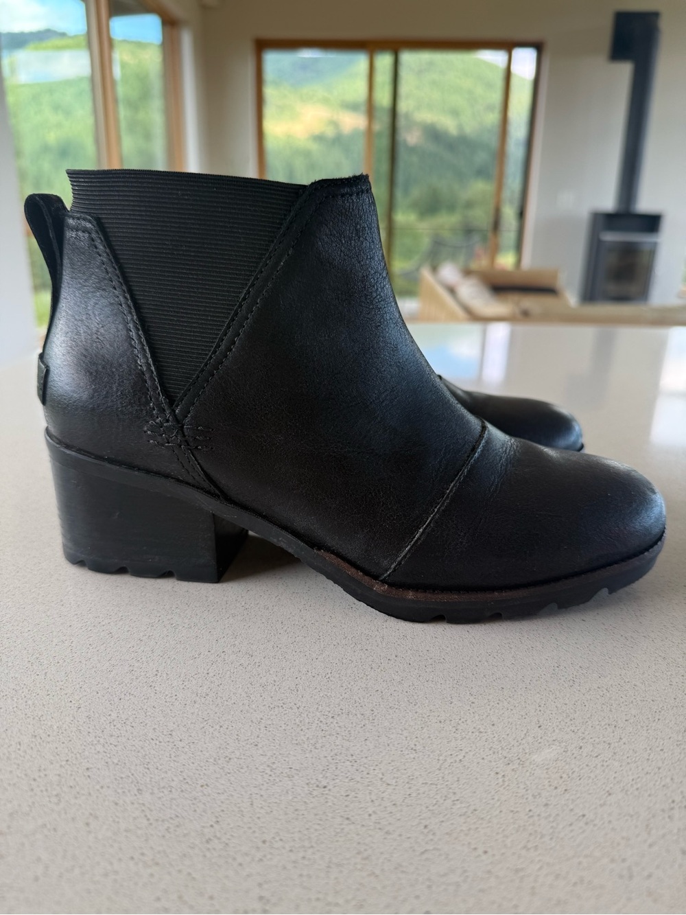 Sorel Black Cate Leather Ankle Booties with Block Heel